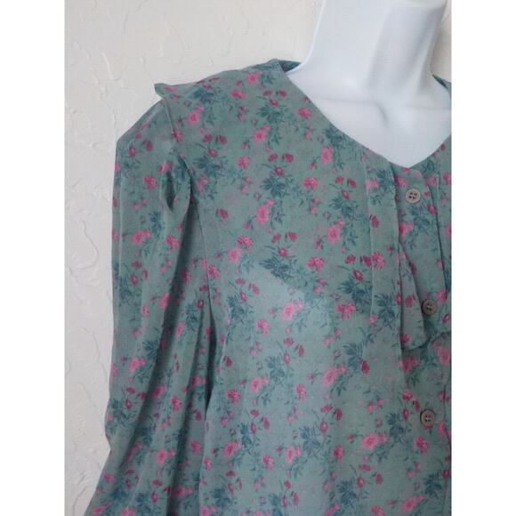 CRKO Cherry Koko Romantic Floral Blouse Green Pink Long Sleeves Button Up Fits M - Picture 4 of 6